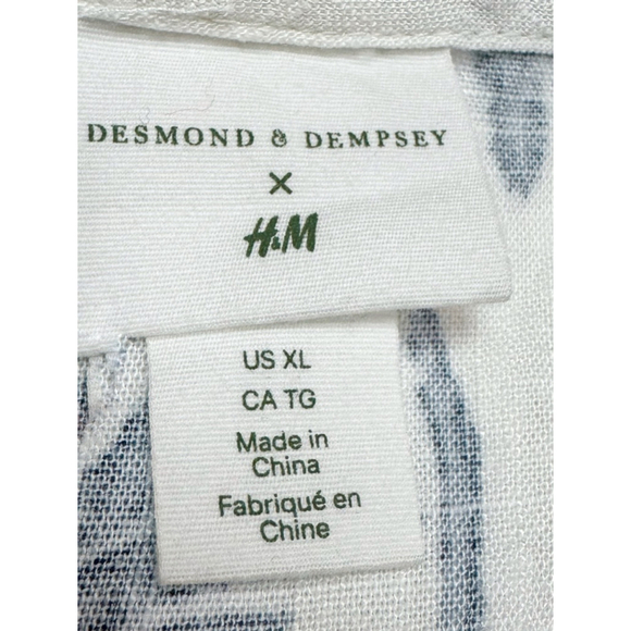 H&M Desmond & Dempsey Collab White Blue Palm Print Dress XL Linen Blend Hawaiian - Picture 4 of 6